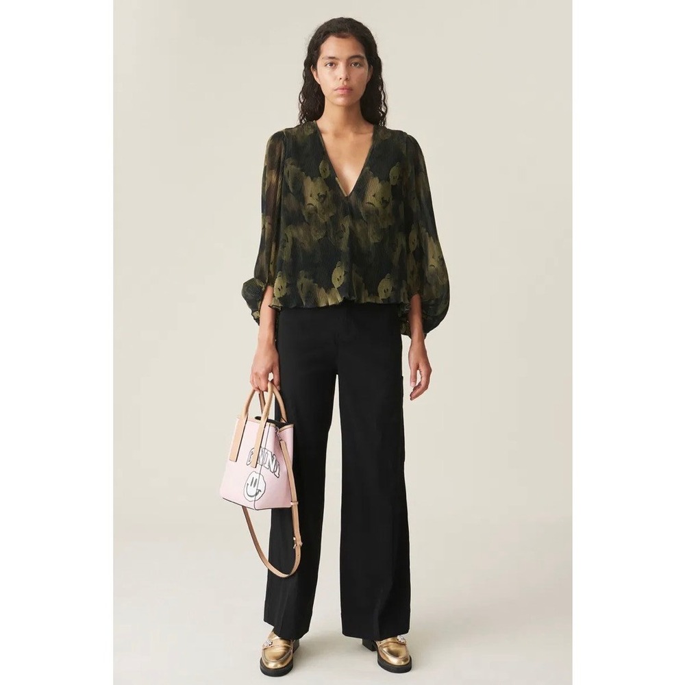 NWT Ganni Olive Green and Black V-Neck Blouse